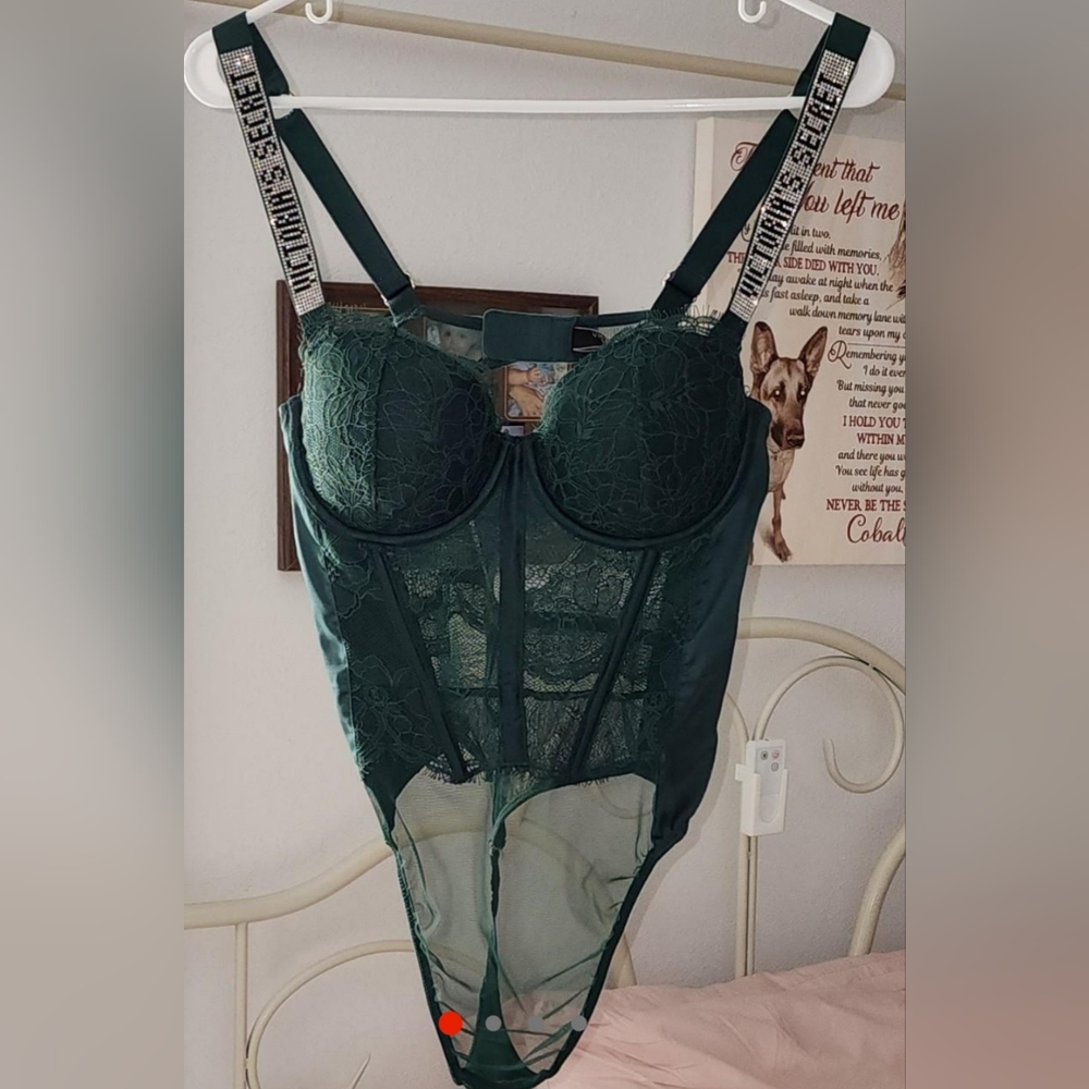 Victoria’s Secret Dark Green Lace & Satin Rhinestone Logo Strap Bodysuit Teddy